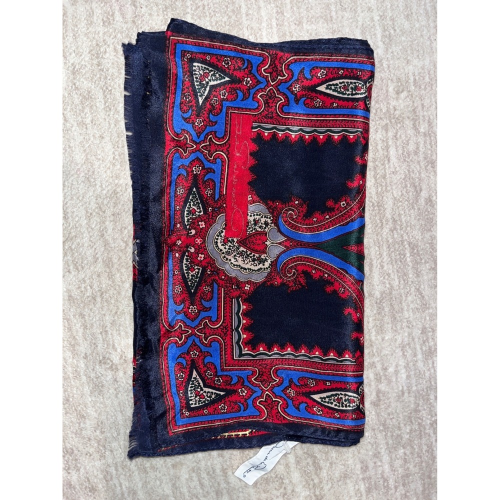 Oscar de la Renta Silk Scarf Navy Red Blue Paisley Damask Fringe Rectangular